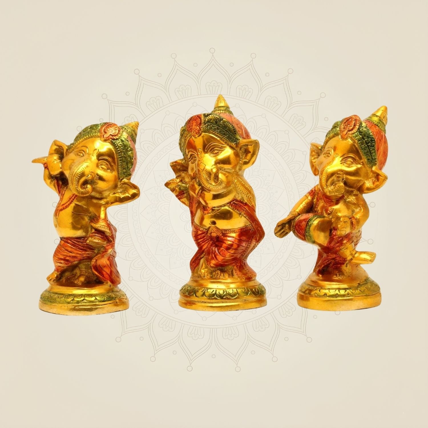 Musical Baby Ganesha Brass Idols 5.5" Each– Hand-Painted Set of 3 for Home & Gifts