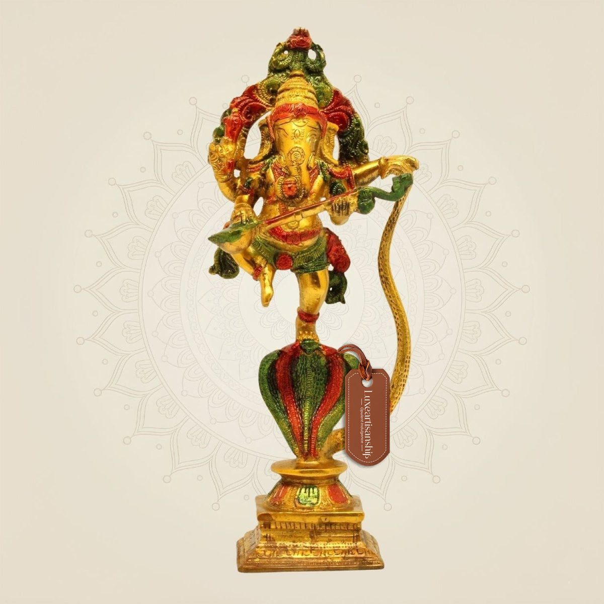 Ganesha Dancing on Sheshnag - Hand Painted Multicolor Brass Statue 10.5"