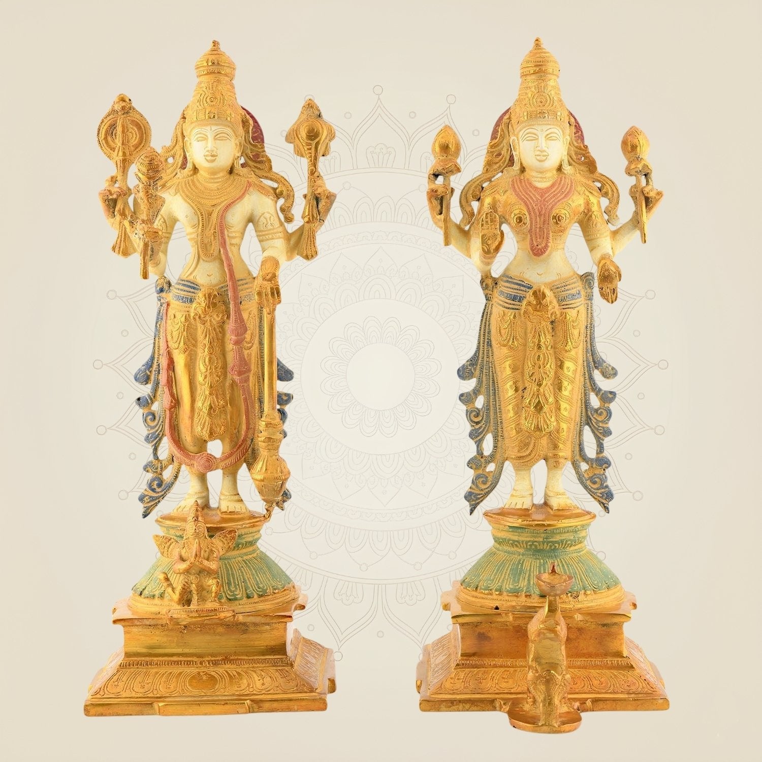Laxmi Narayan Idol Pair – 14.5" Multicolor Mud Finish Brass Statues