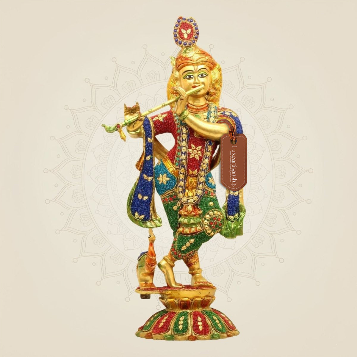 Large Brass Krishna Idol with Multicolor Stonework 18.5"– Flute Playing Murti Decor