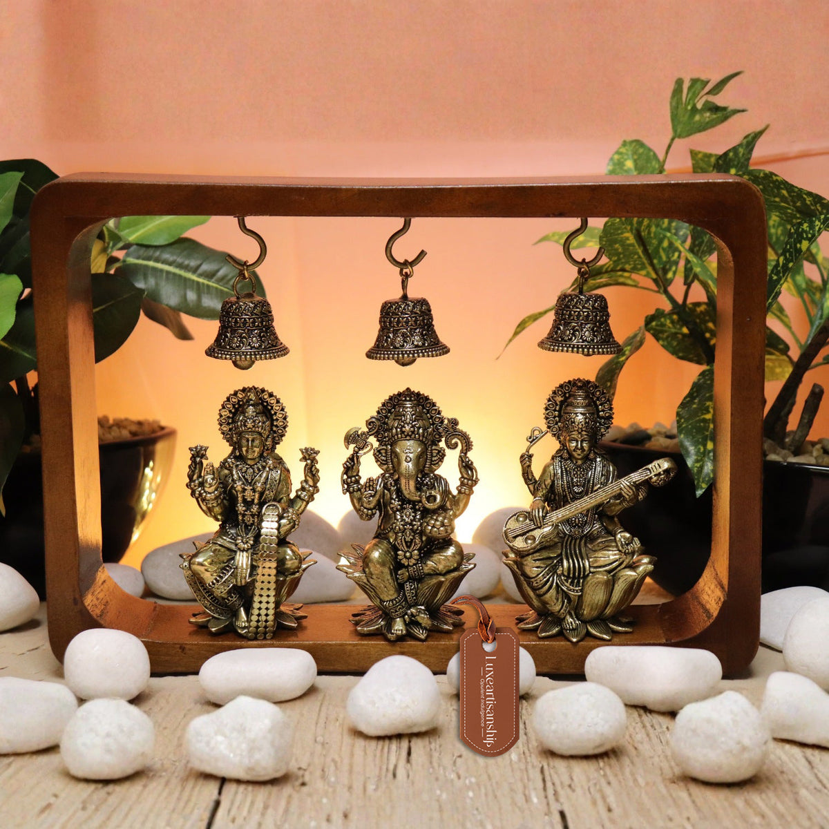8.25" Brass Ganesha Lakshmi Saraswati Idol Trio in Wooden Frame | Modern Décor