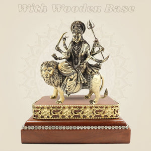 6" Brass Durga Idol Seated on Lion Based on Square Wooden Platform - Luxeartisanship