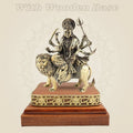 6" Brass Durga Idol Seated on Lion Based on Square Wooden Platform - Luxeartisanship