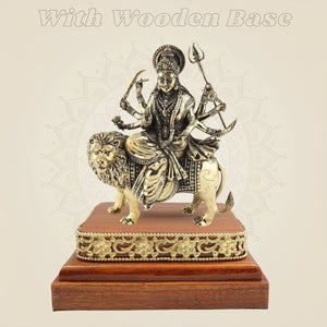 6" Brass Durga Idol Seated on Lion Based on Square Wooden Platform - Luxeartisanship