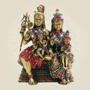 6" Brass Shiva Parivar Idol Featuring Vibrant Multicoloured Stone Work - Luxeartisanship