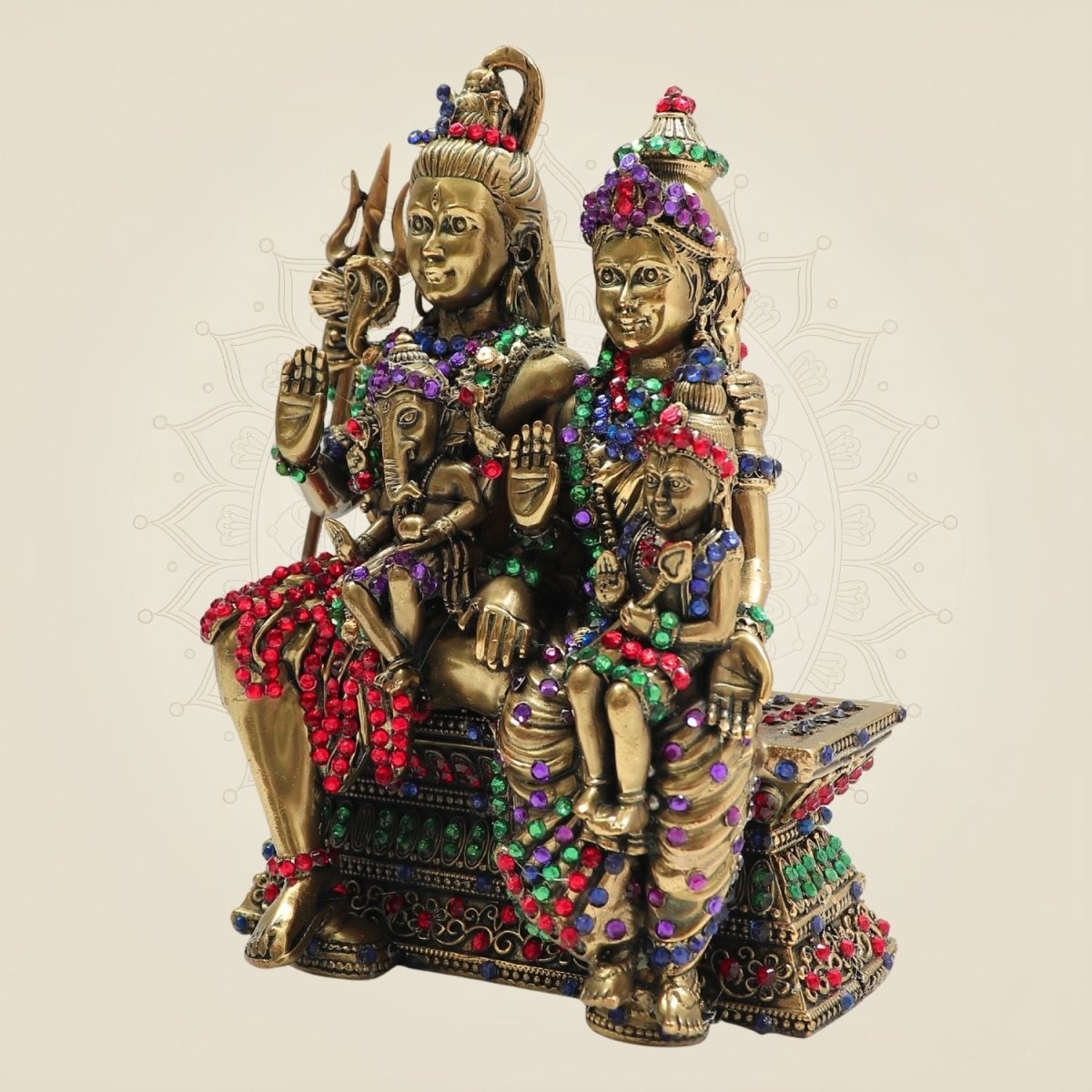 6" Brass Shiva Parivar Idol Featuring Vibrant Multicoloured Stone Work - Luxeartisanship