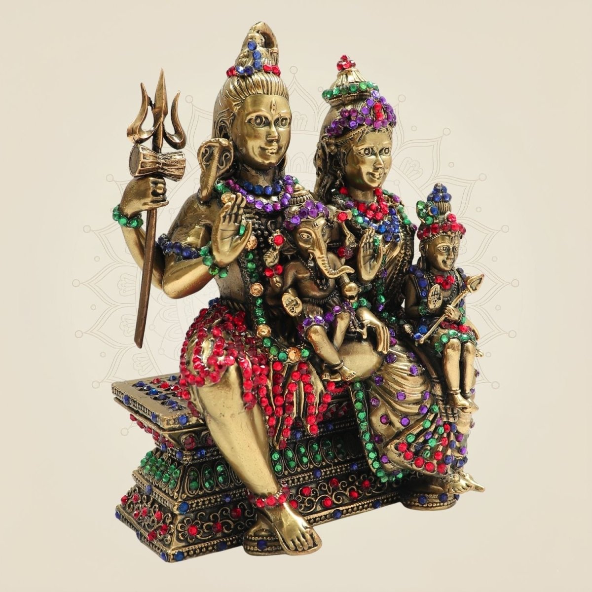 6" Brass Shiva Parivar Idol Featuring Vibrant Multicoloured Stone Work - Luxeartisanship