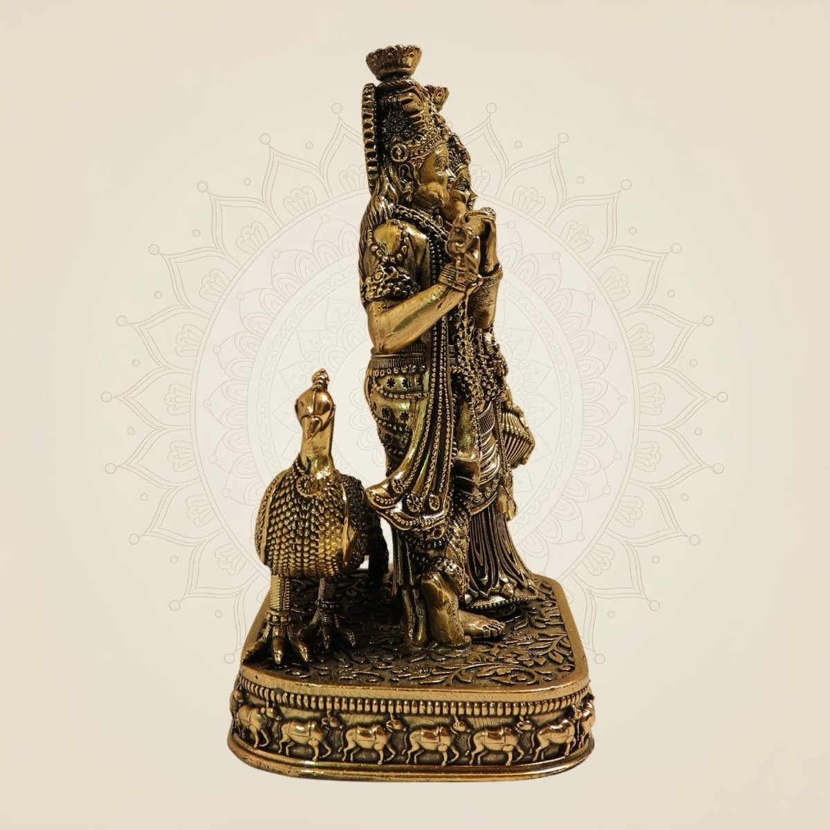 6" Radha Krishna Brass Idol with Peacock for Home Decor - Luxeartisanship