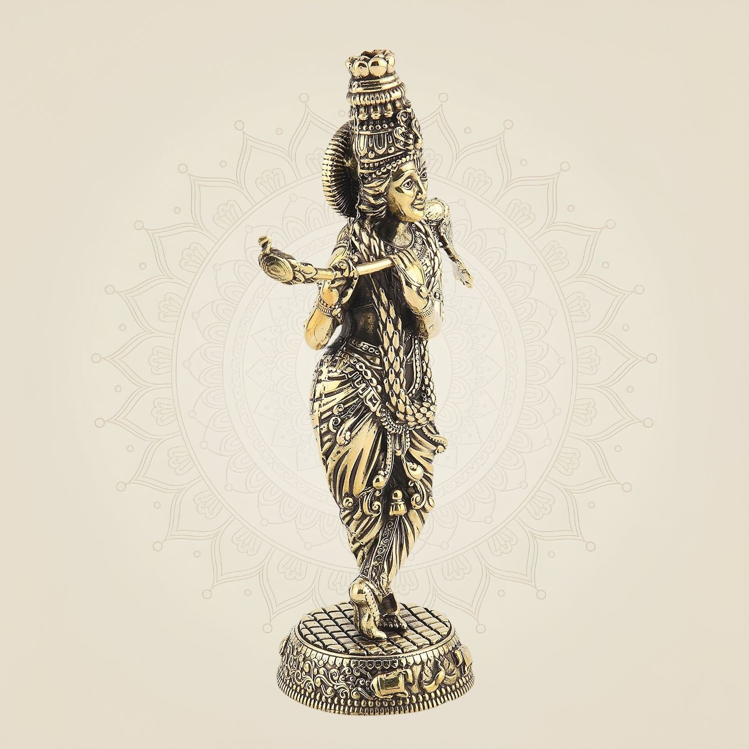 Handcrafted Krishna Brass Idol 9.5" - Flute Player Murti with Decorative Base