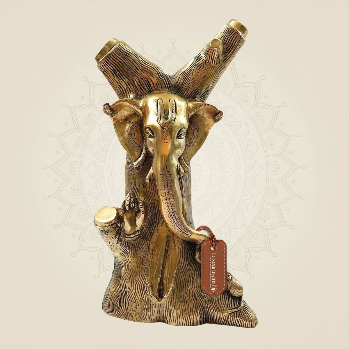 Brass Modern Art Ganesh Idol – Unique Tree Style Decorative Ganpati 12.75"