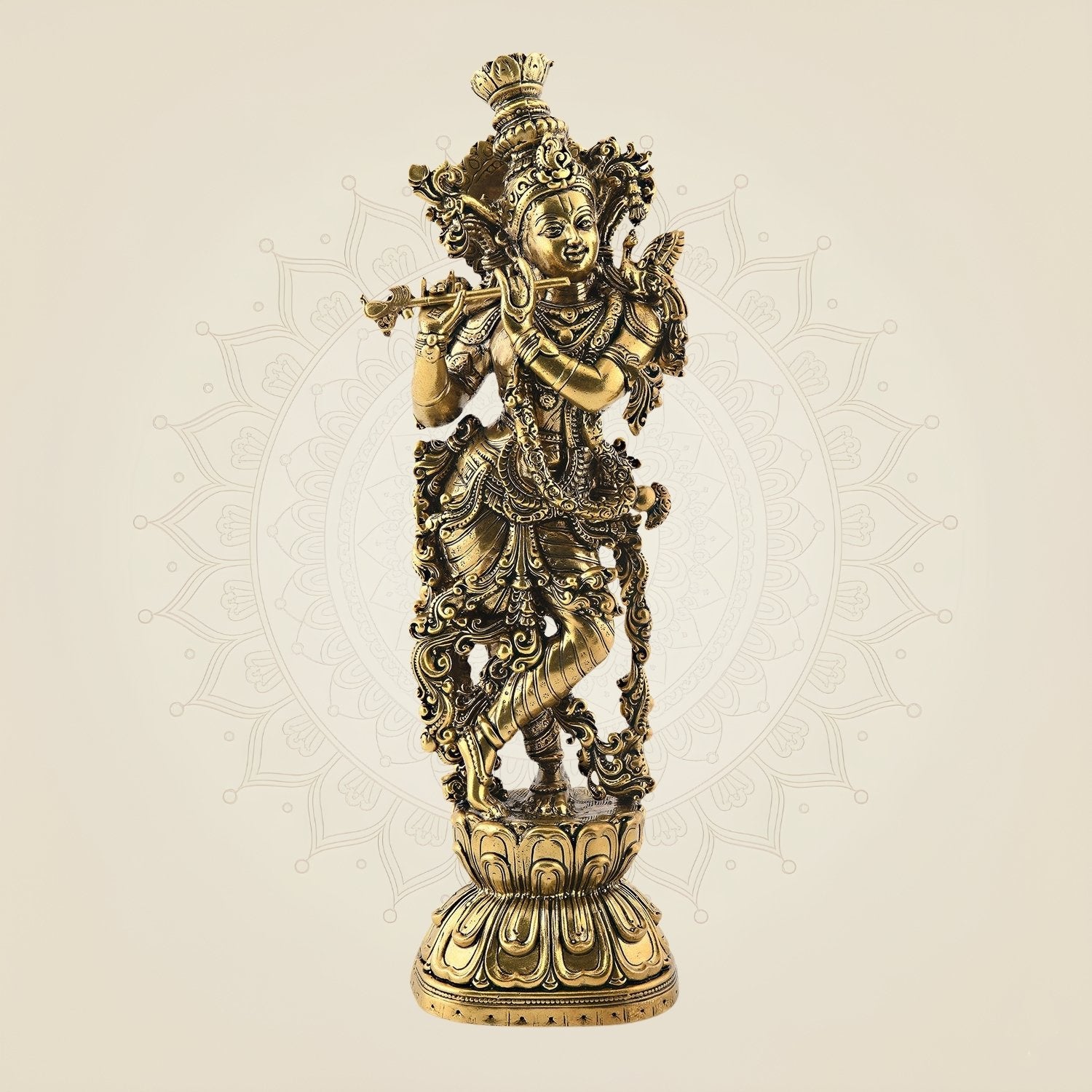 Brass Lord Krishna Idol 9.5" | Flute Playing Kishan Murti for Home & Temple