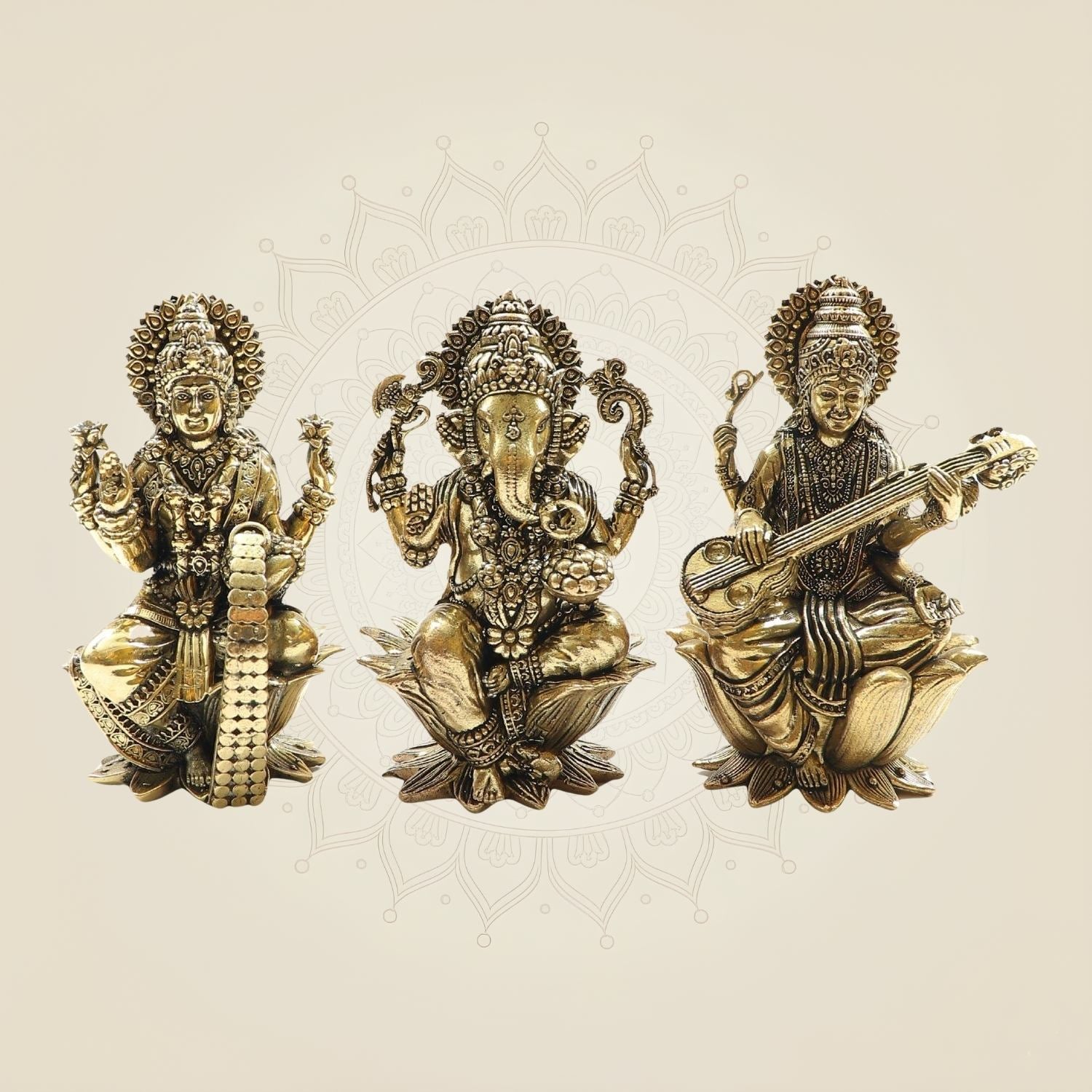 Brass Lakshmi Ganesh Saraswati Idol Set – Perfect Murti 4" for Diwali Pooja & Gifting