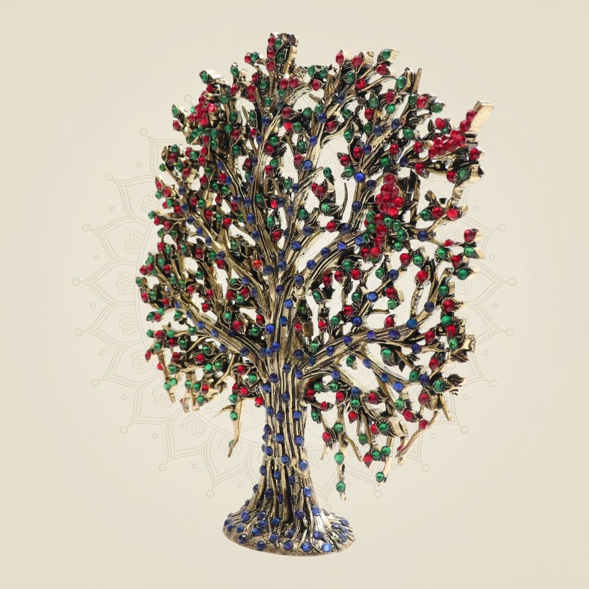 6.25" Brass Kalpavriksha Tree Idol with Multicolor Jewellery Stone Detailing - Luxeartisanship