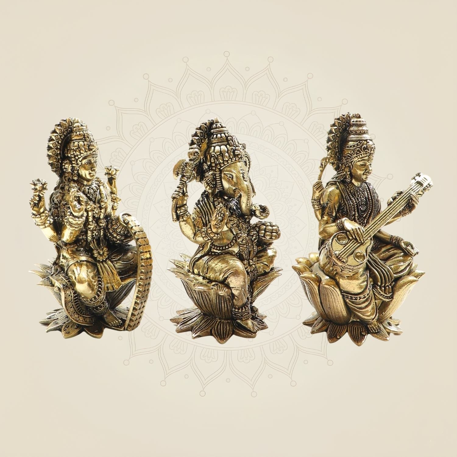 Brass Lakshmi Ganesh Saraswati Idol Set – Perfect Murti 4" for Diwali Pooja & Gifting