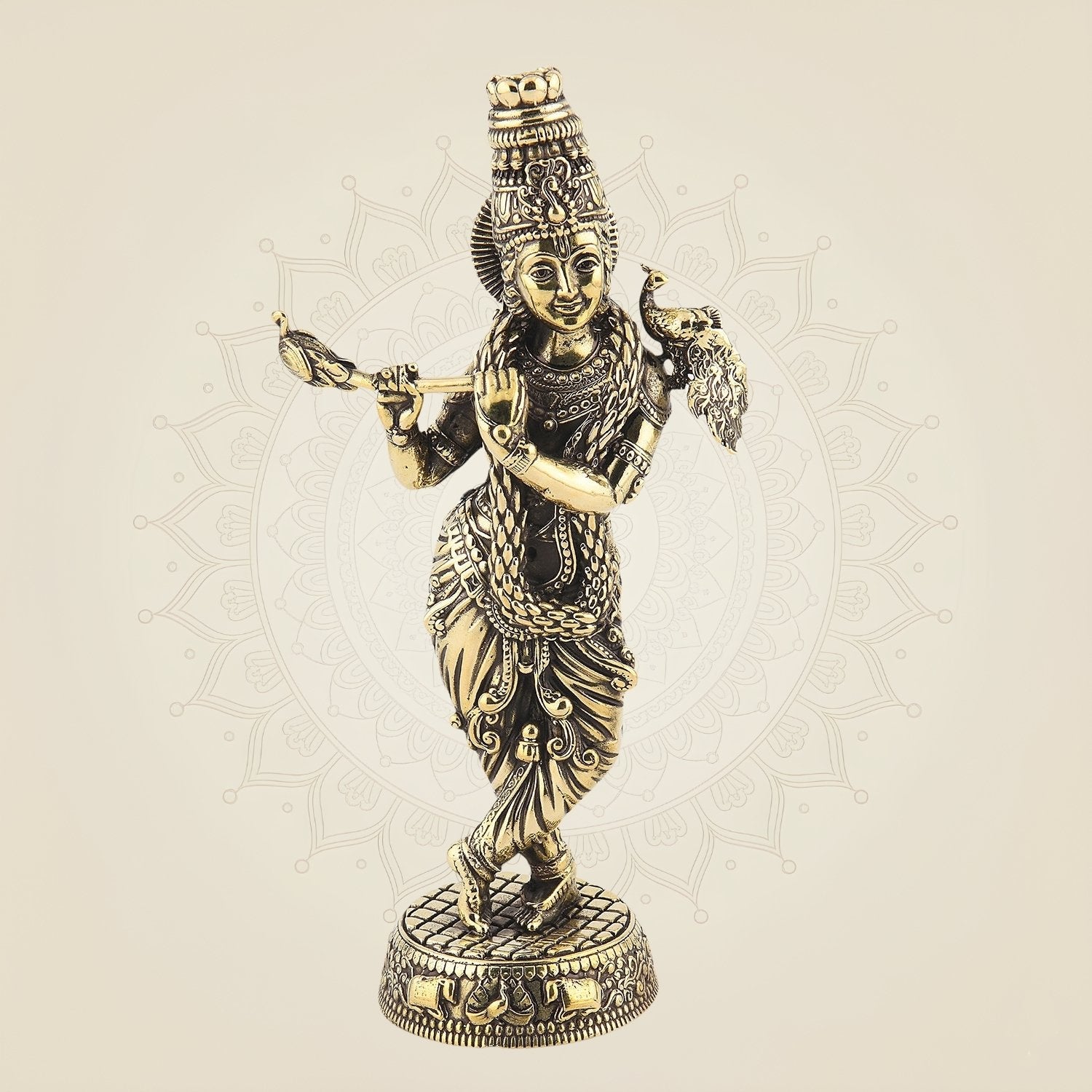 5″ Brass Lord Krishna with Peacock Idol – Divine Sculpture for Gifting & Decor