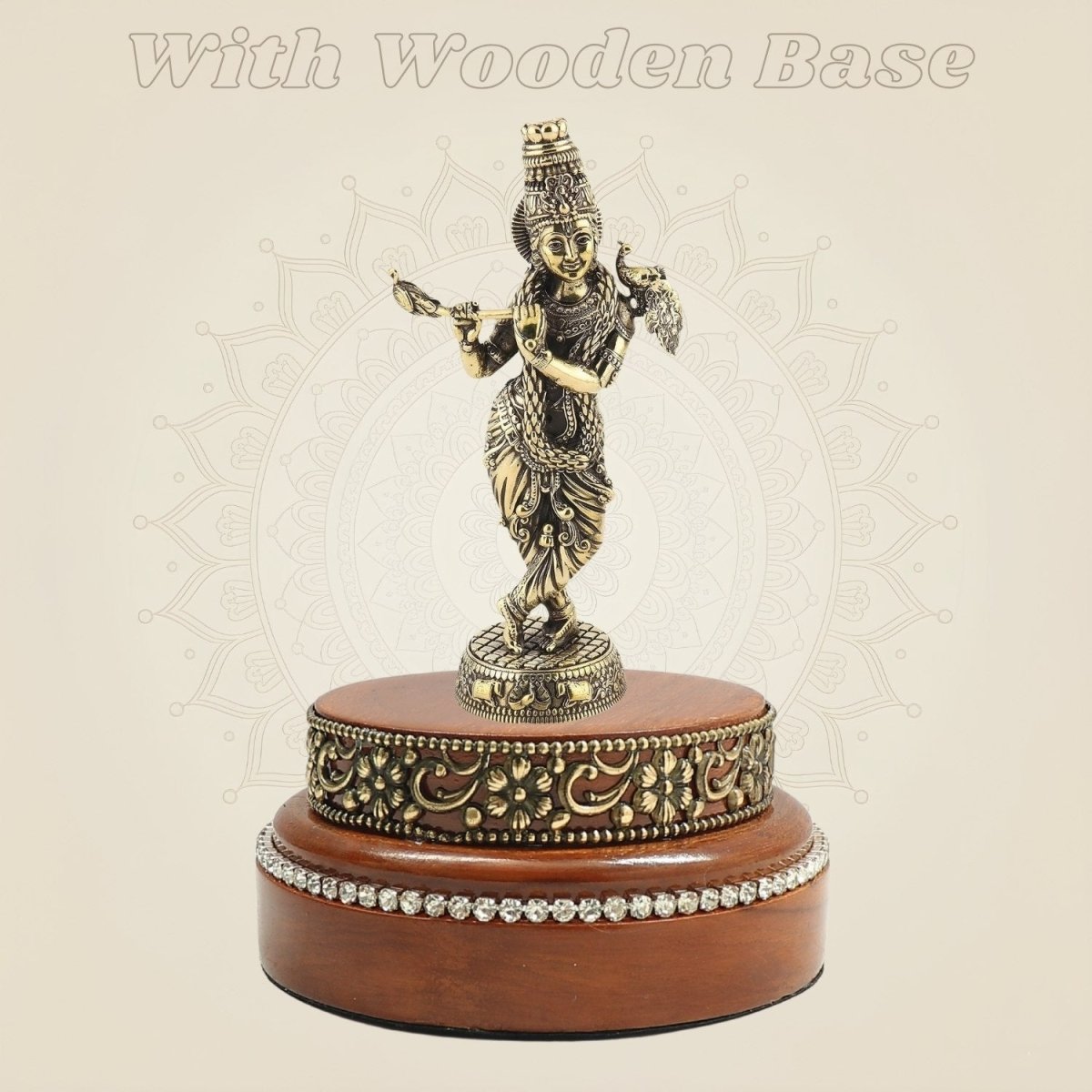 Brass Krishna Murti on Wooden Base