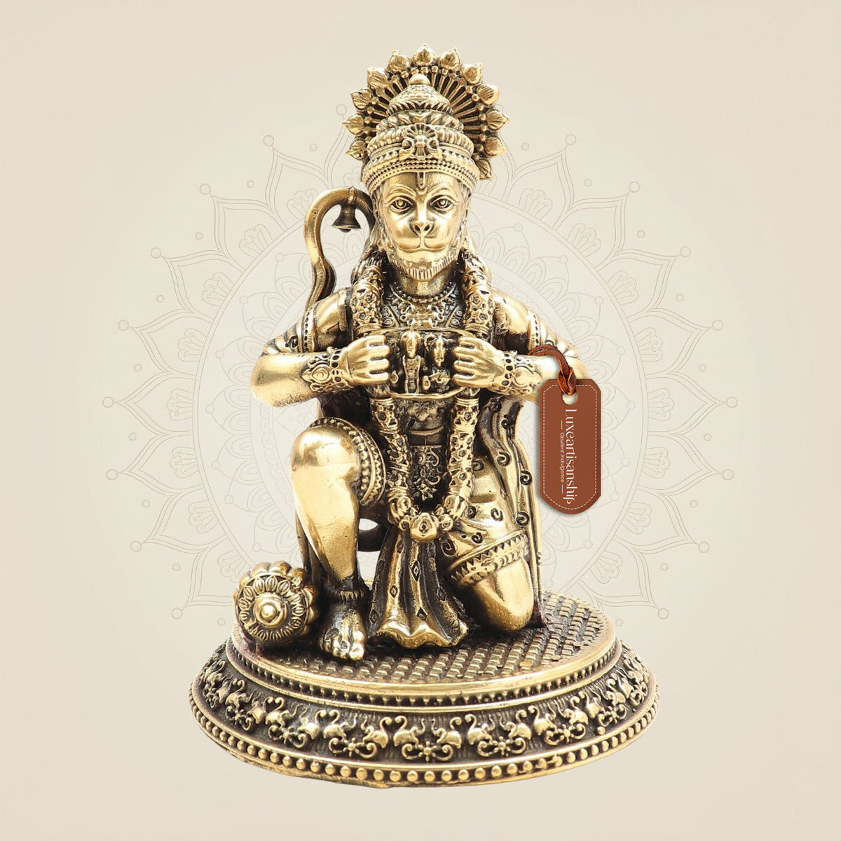 Brass Hanuman Idol – Heart Opening Pose with Ram & Sita - Handcrafted Spiritual Statue 5"