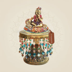 6.75" Brass Laddu Gopal Idol with Rhinestone Work on Chowki - Luxeartisanship