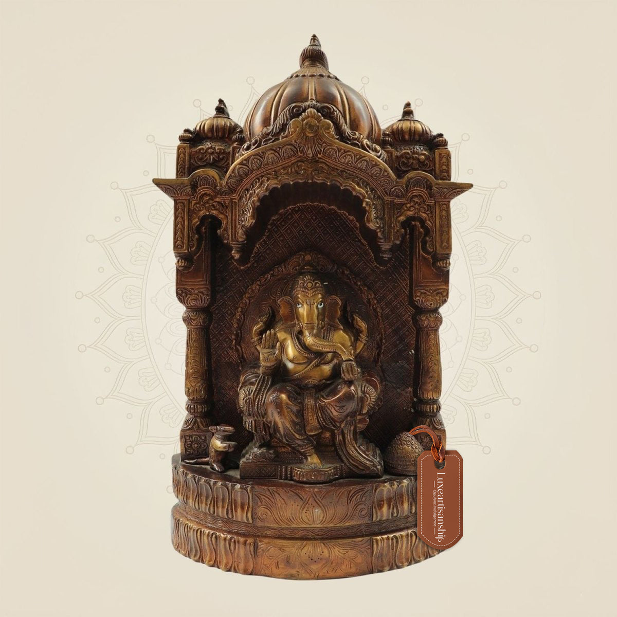 16.5" Seated Brass Ganesh Idol Big Size in Carved Mandap Design | Divine Home Decor
