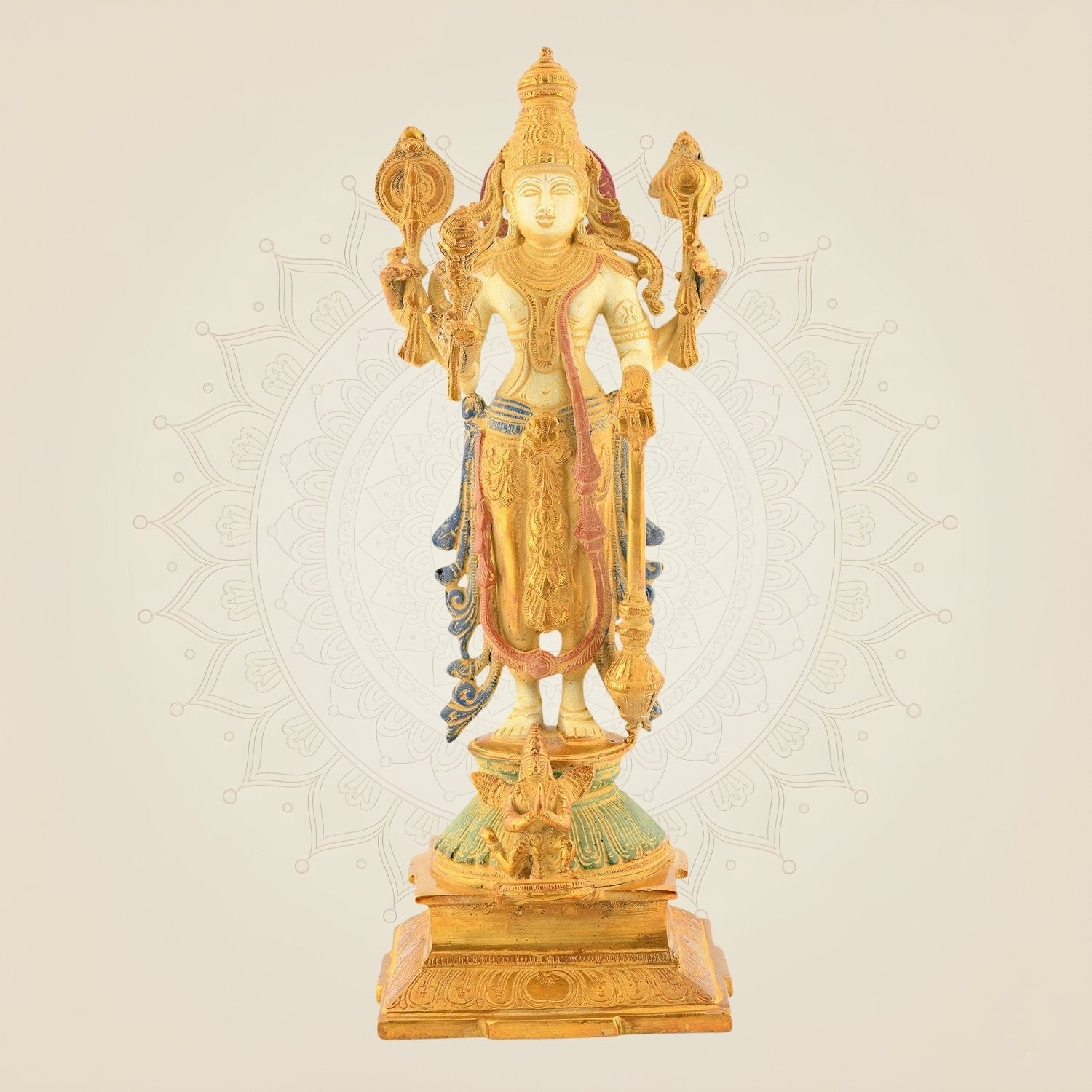 Standing Vishnu Idol – 14.5" Brass Statue | 4-Armed Multicolor Mud Finish Design