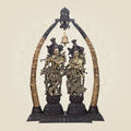 Grand Brass Radha Krishna Idol with Pillars & Bell 44.5" – Golden Brown Finish