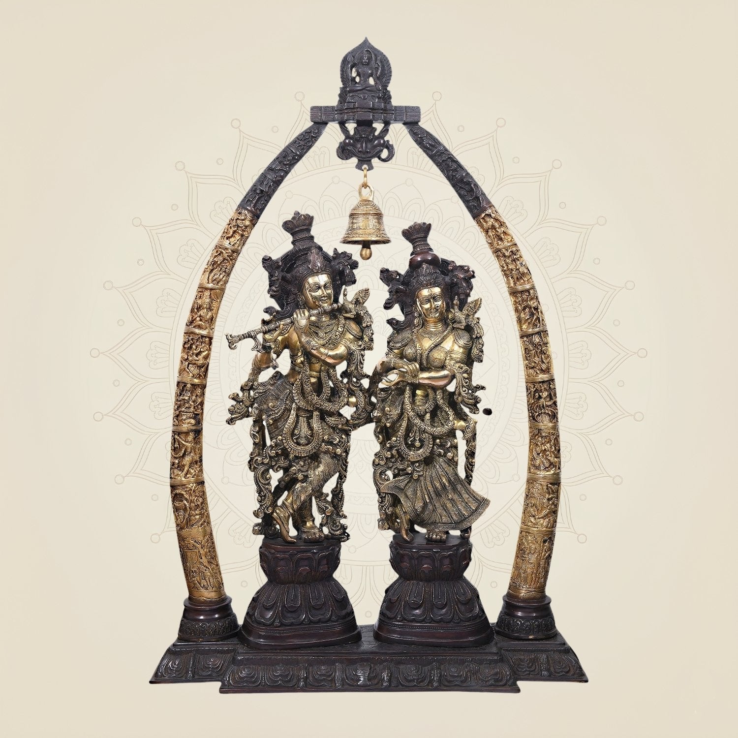 Grand Brass Radha Krishna Idol with Pillars & Bell 44.5" – Golden Brown Finish