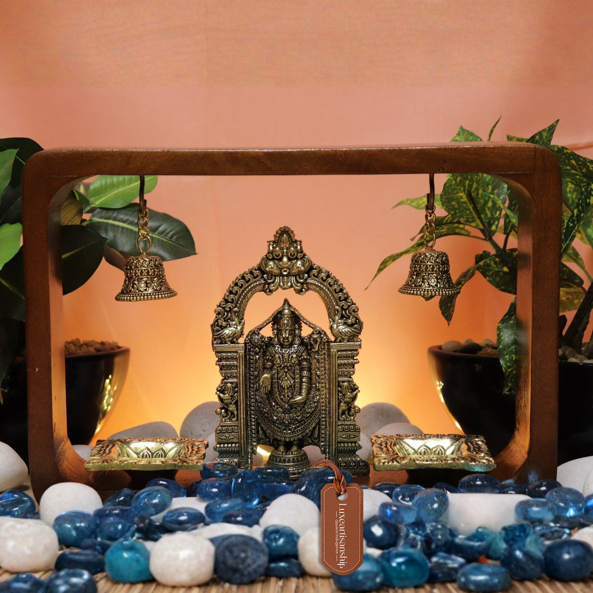 8.25" Brass Tirupati Balaji Idol in Wooden Frame with Hanging Bells