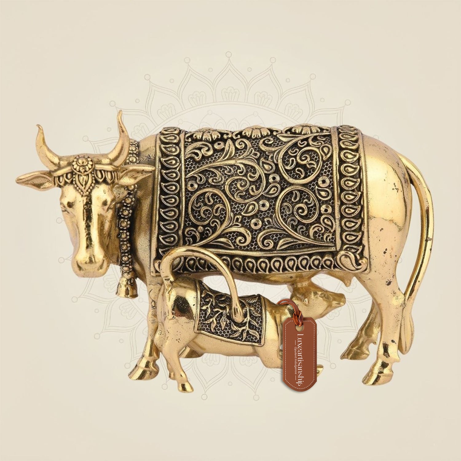 Handcrafted Brass Kamdhenu Cow with Calf Idol 2.5" - Auspicious Statue for Wealth, Peace & Home Temple Décor