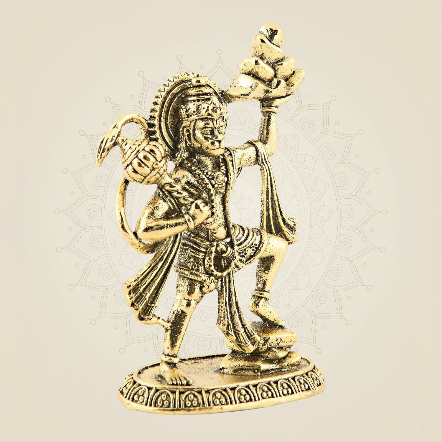 Brass Hanuman Lifting Sanjeevani Mountain – 3″ - Superfine Miniature Idol
