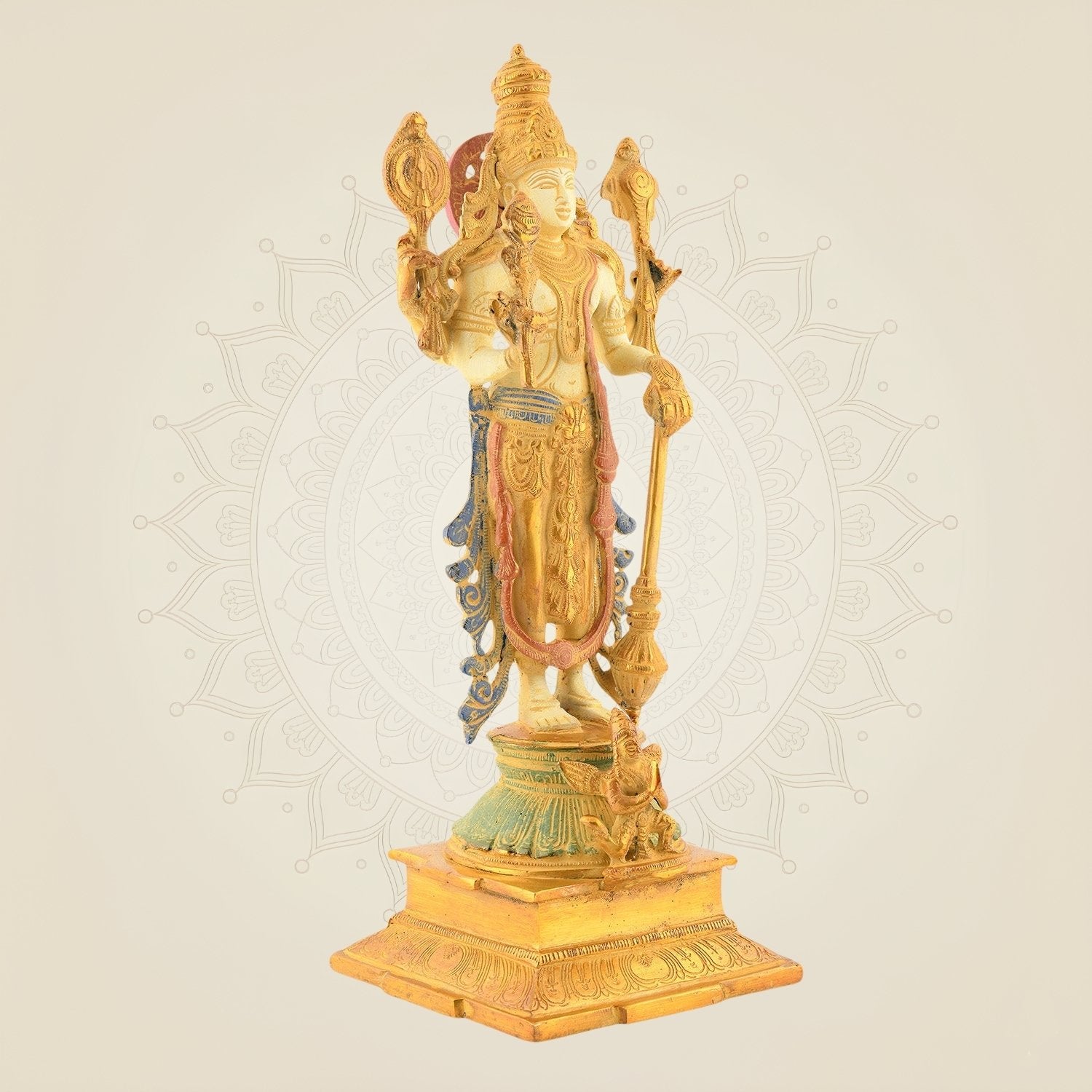 Standing Vishnu Idol – 14.5" Brass Statue | 4-Armed Multicolor Mud Finish Design