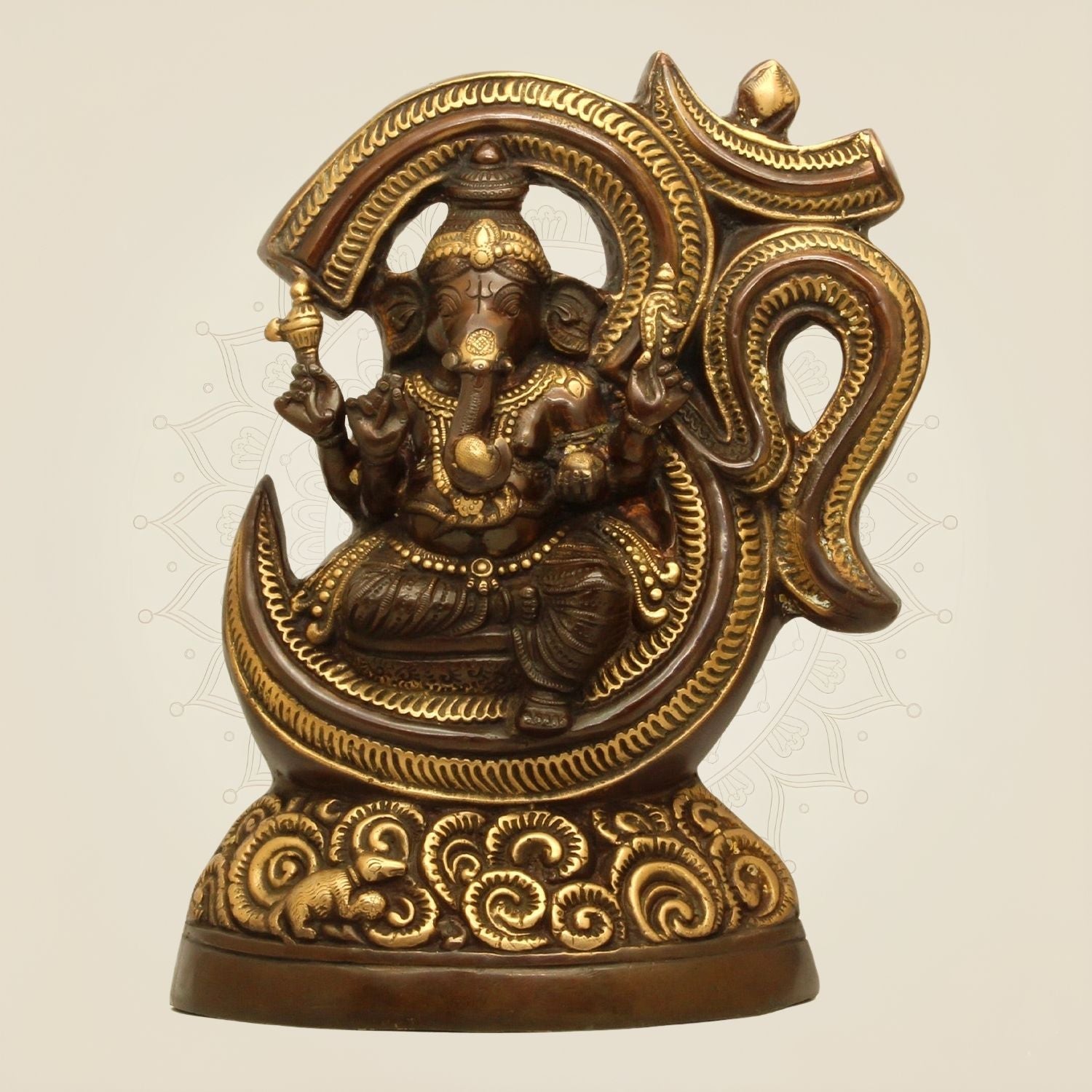Brass Ganesh Idol Seated in Om Ring 15" Statue– Handcrafted Divine Decor