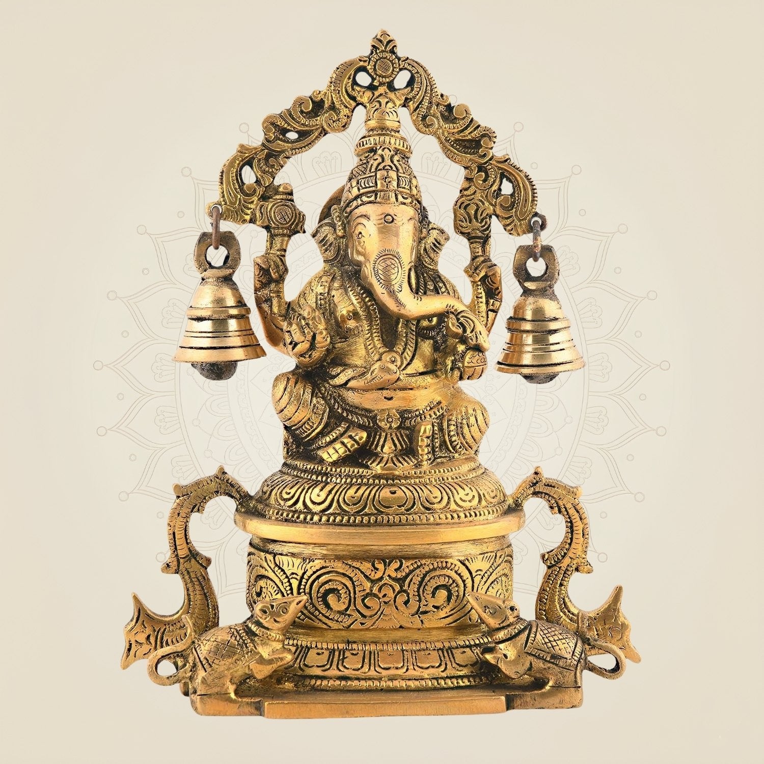 7.75" Brass Lord Ganesha Idol on High Pedestal with Hanging Bells | Handmade Superfine Statue
