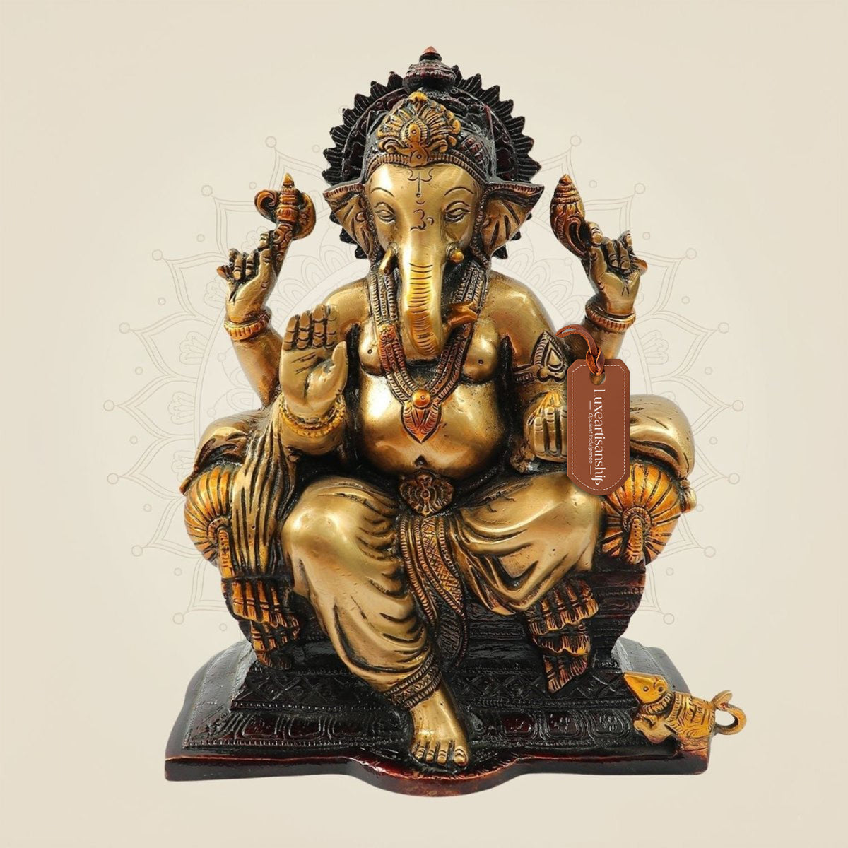 9.25" Brass Ganesh Idol on Throne – Majestic Sitting Ganesha Murti for Home & Gifts