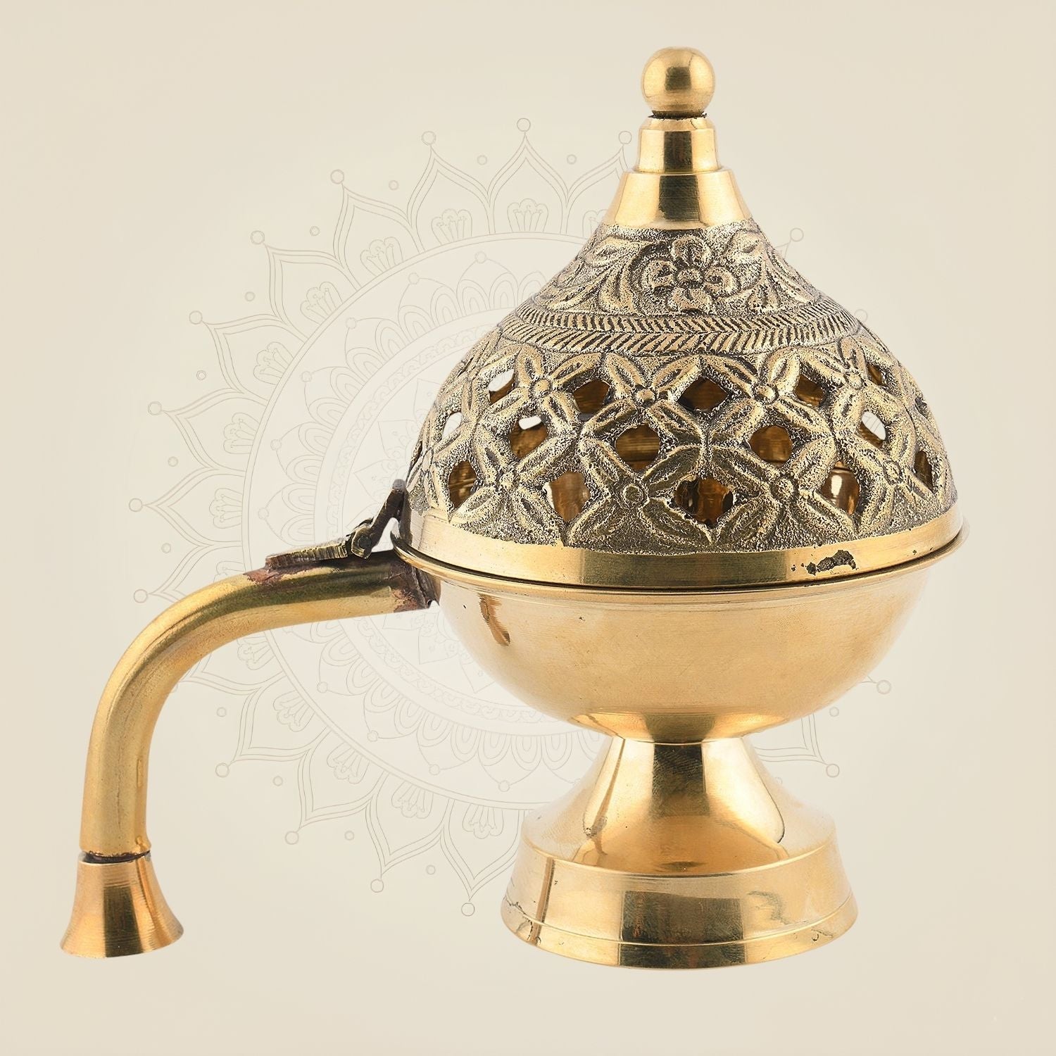 6" Brass Dhoop Dani with Handle – Floral Design Incense Burner