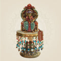 7.5" Chaturbhuj Ganesh Brass Idol with Jewellery Stone Work on Chowki - Medium - 3.5 - Luxeartisanship