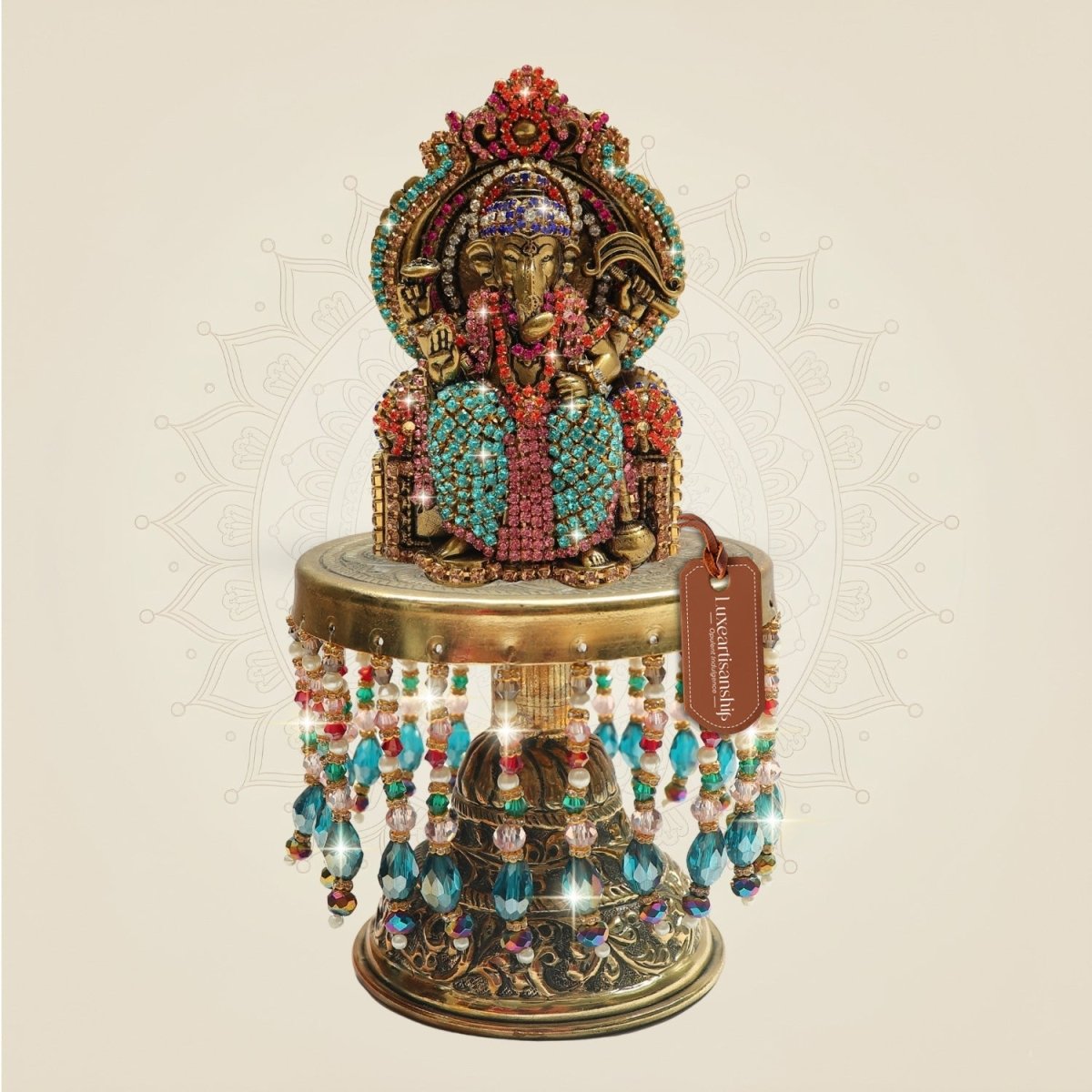 7.5" Chaturbhuj Ganesh Brass Idol with Jewellery Stone Work on Chowki - Medium - 3.5 - Luxeartisanship