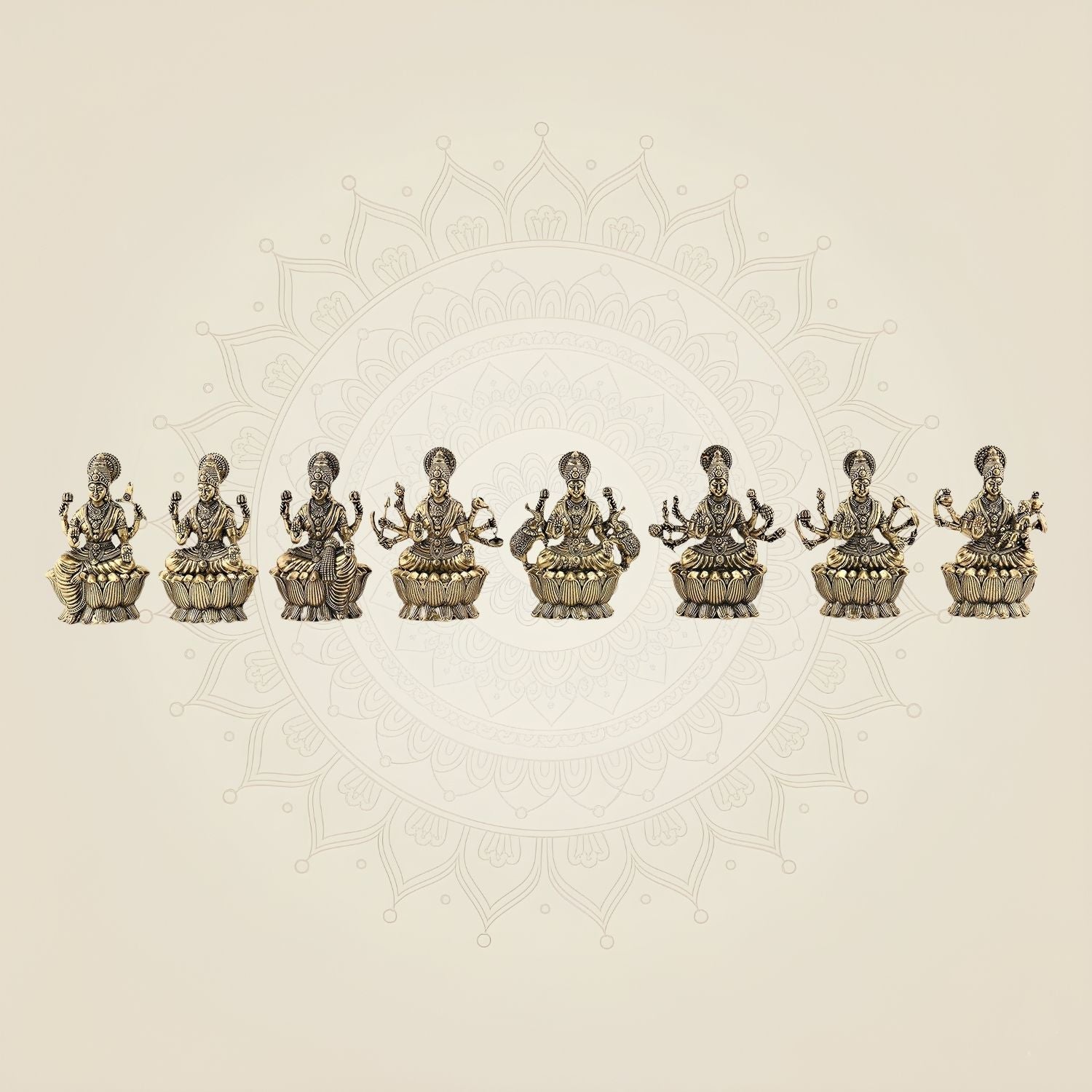 Brass Ashtalakshmi Idol Set – 8 Goddess Statues with Lotus Base 3" Each