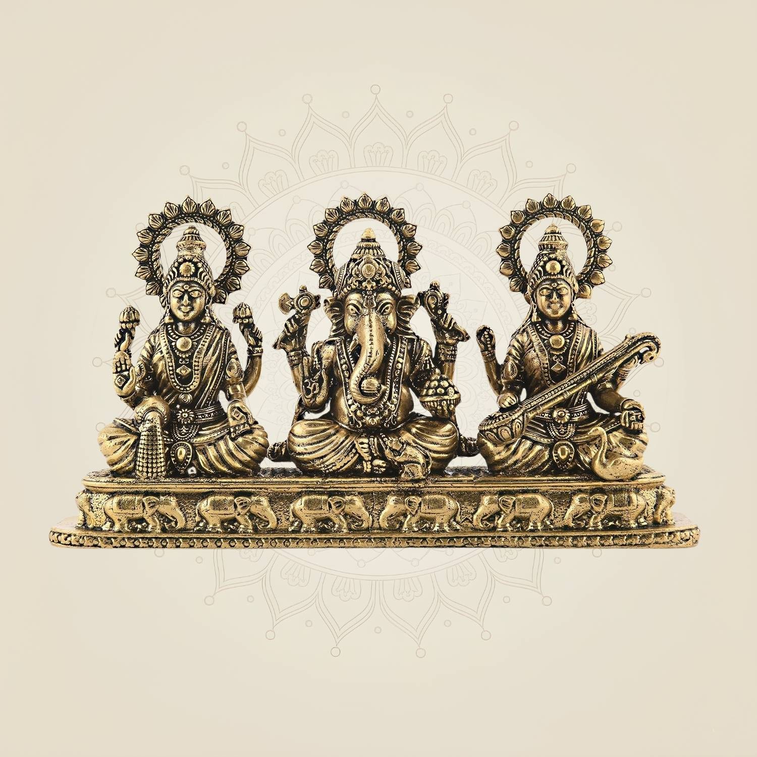 Brass Ganesh Lakshmi Saraswati Idol Set | Divine Hindu God Statue for Pooja & Home Decor 4"