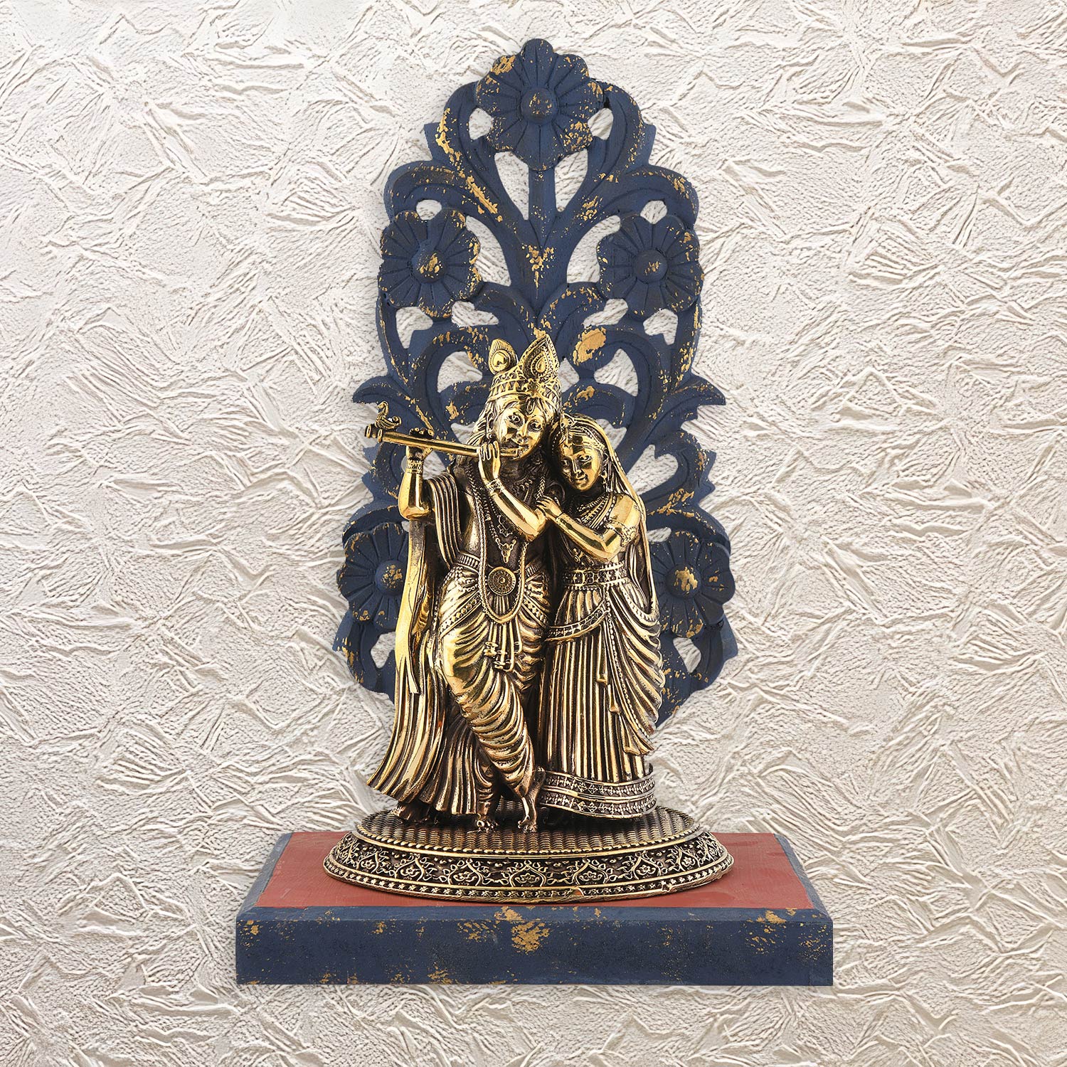 Wooden Tabletop with Radha Krishna – 12.75" Brass Idol for Spiritual Decor & Vastu