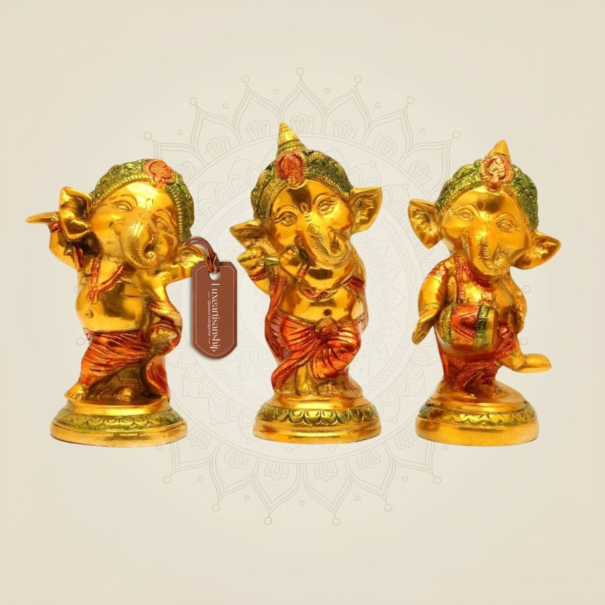 Musical Baby Ganesha Brass Idols 5.5" Each– Hand-Painted Set of 3 for Home & Gifts