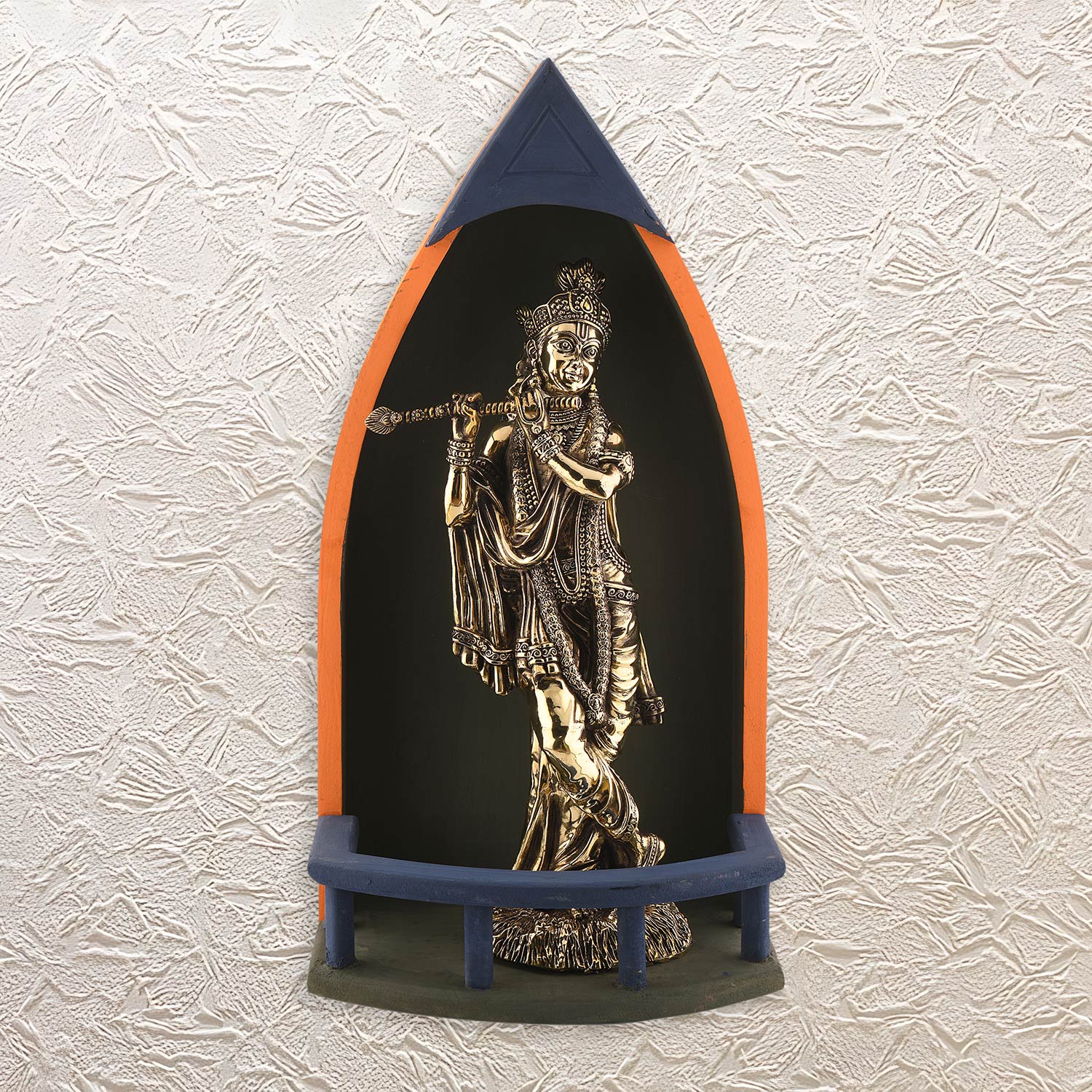 16" Wooden Tabletop Temple Shape with Radha Krishna Brass Idol – for Divine Decor