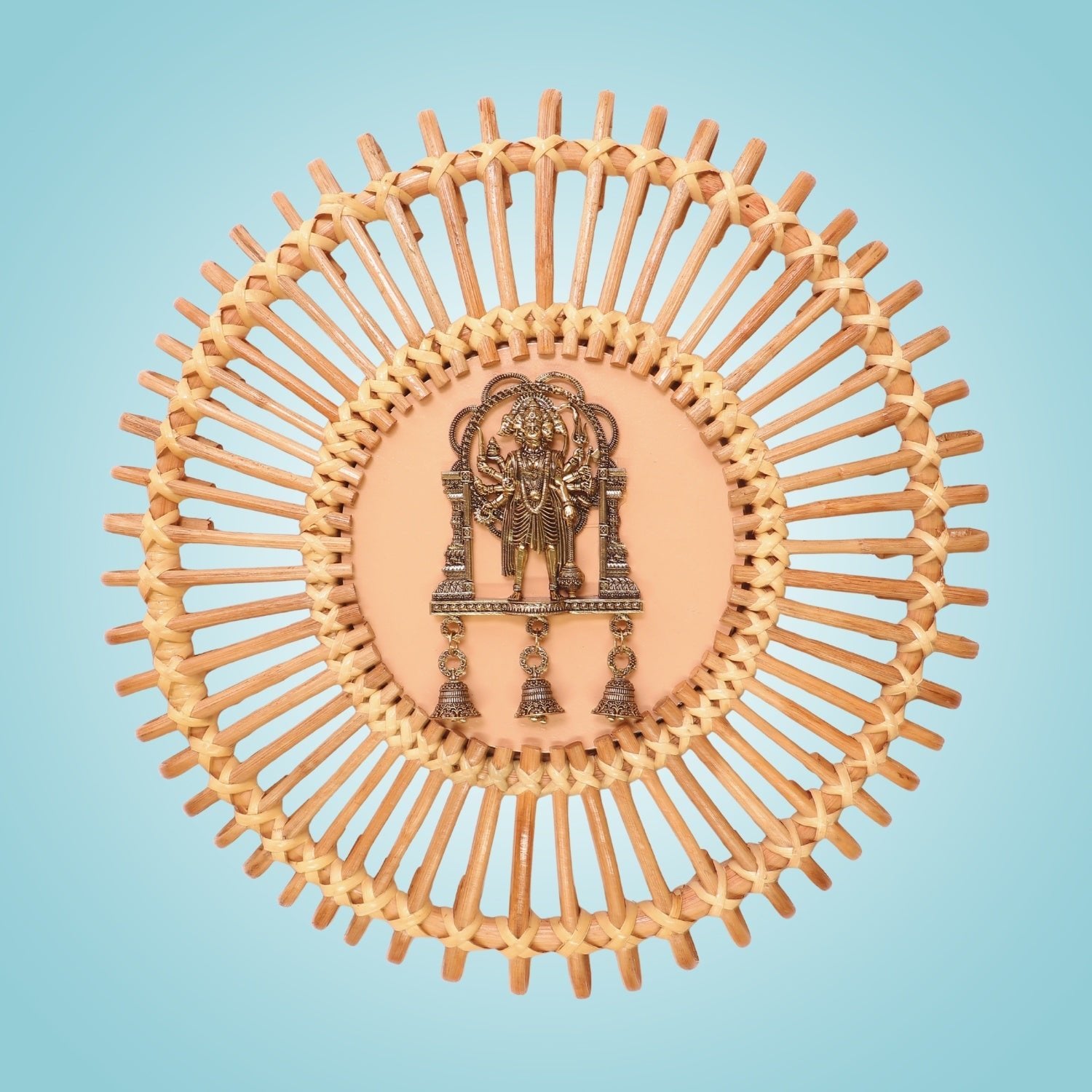 Brass Panchmukhi Hanuman in Bamboo Wall Frame with 3 Brass Bells - 20"