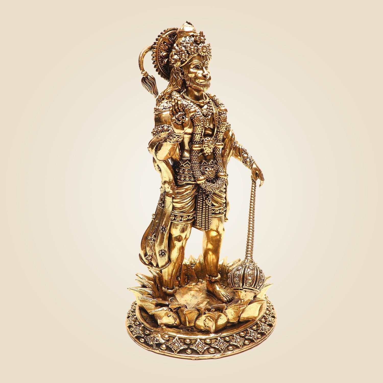 Brass Standing Hanuman Idol on Lotus – Superfine Finish Pooja Murti 8"