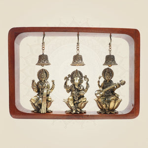 8.25" Brass Ganesha Lakshmi Saraswati Idol Trio in Wooden Frame | Modern Décor - Luxeartisanship