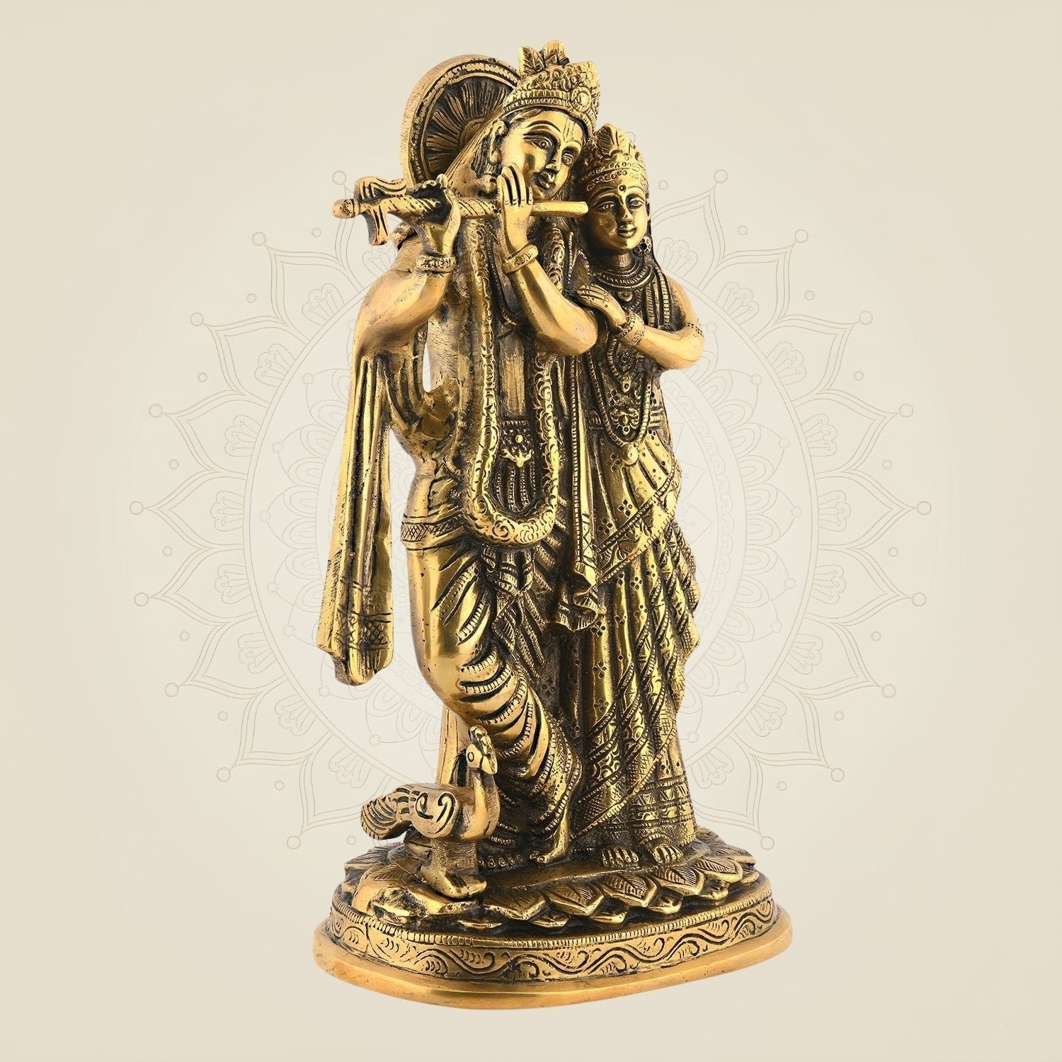 Brass Radha Krishna Idol 12" | Superfine Vrindavan Couple Statue on Base | Decorative Showpiece