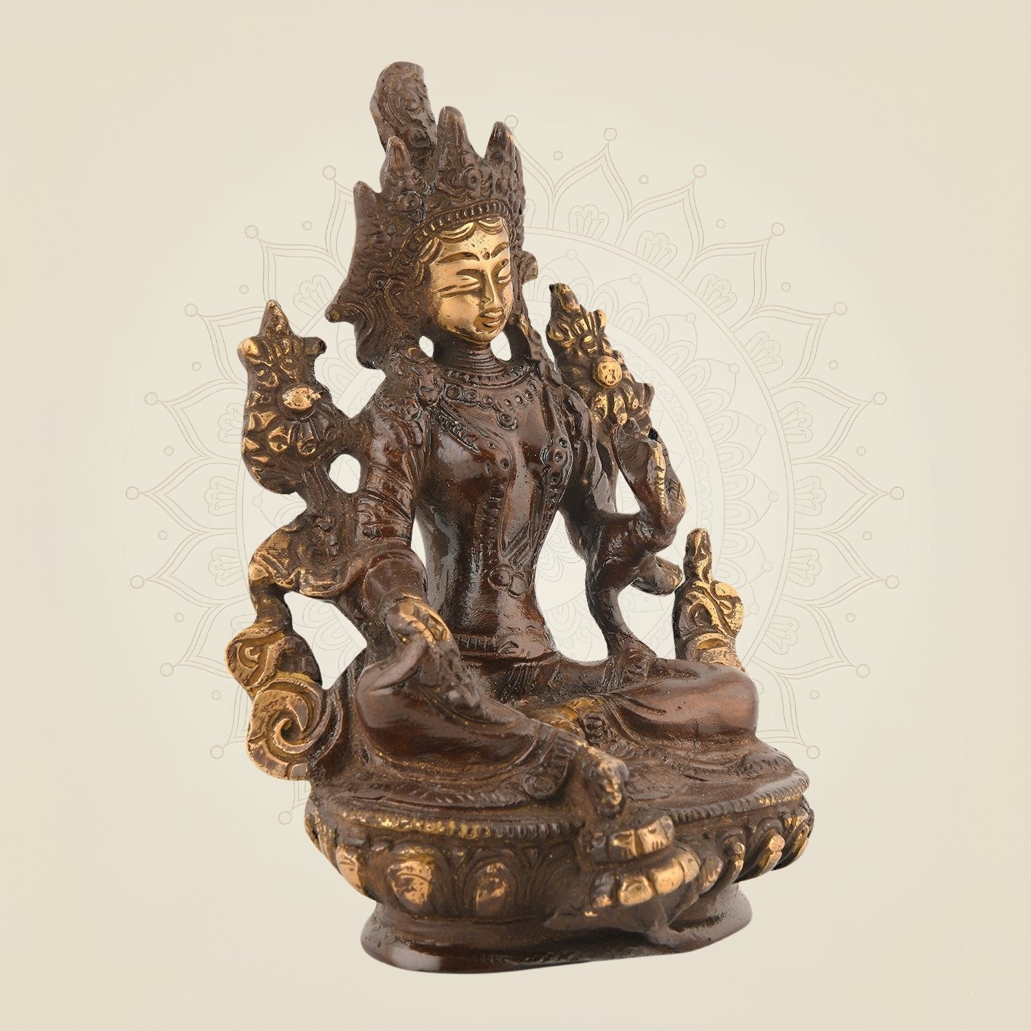 Tara Maa Pure Brass Statue 5.5" - Tibetan Buddhist Goddess Handcrafted Statue for Peace