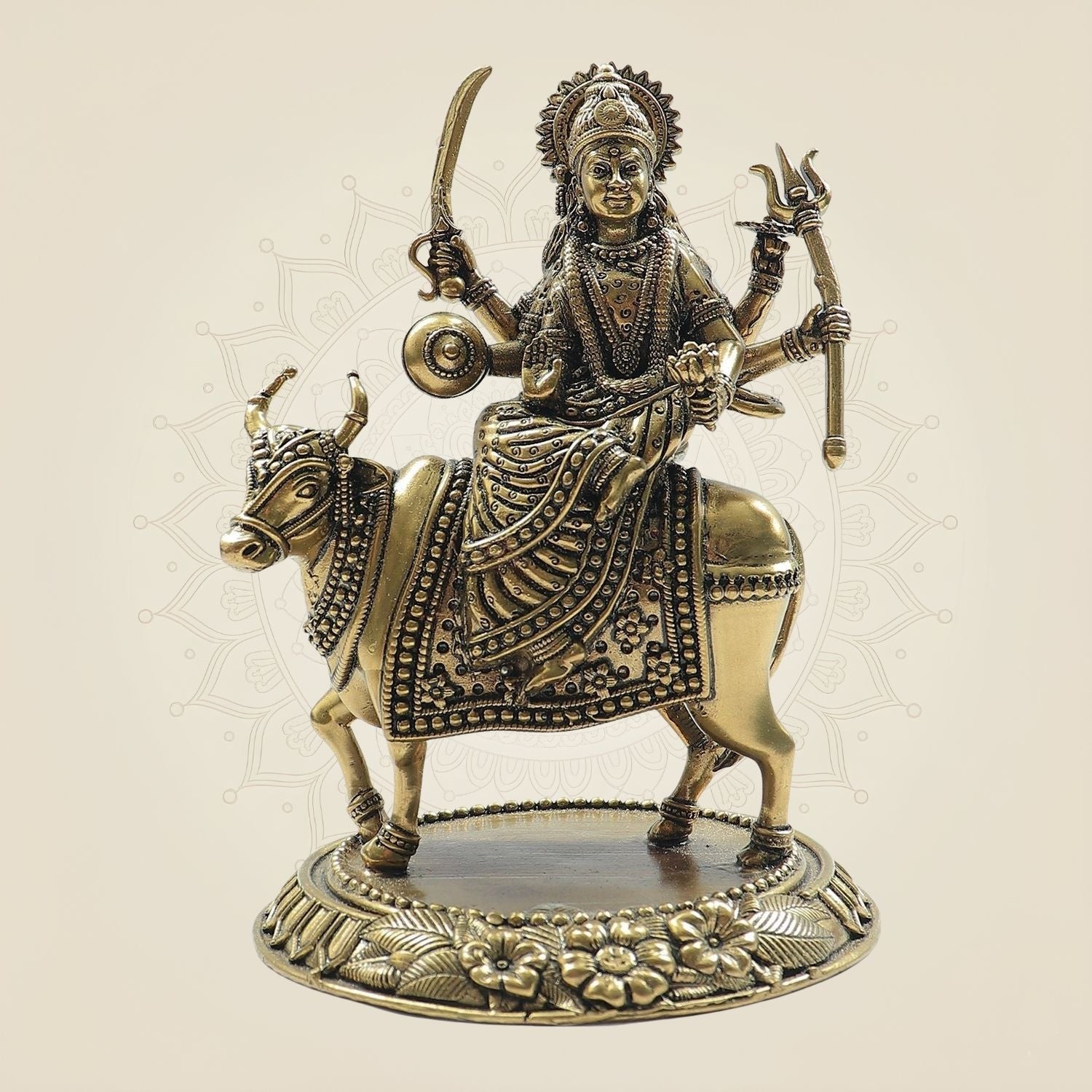 Pure Brass Umiya Mata Idol 6"– Sacred Goddess Murti Seated Gracefully on Cow