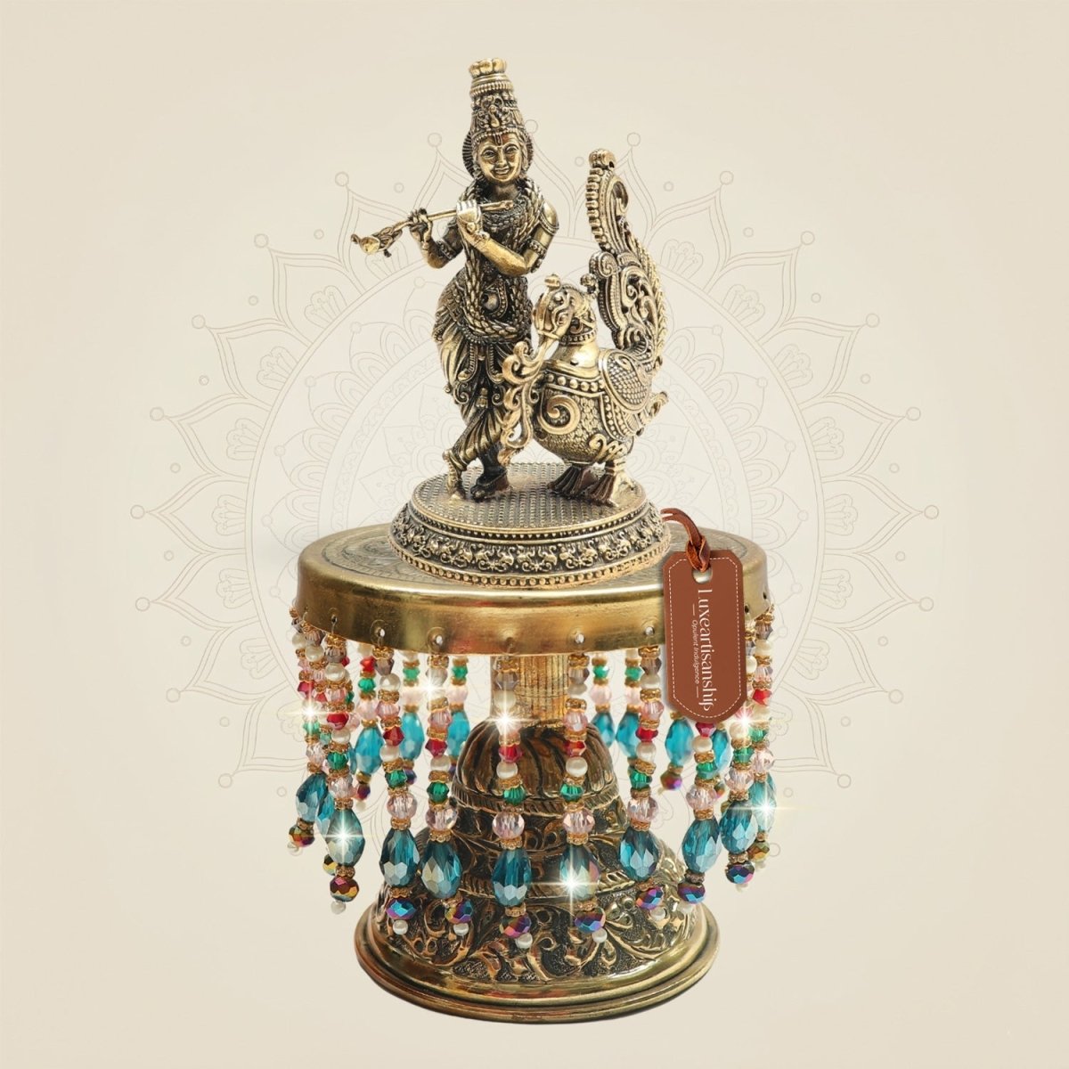 8.5" Lord Krishna Brass Murti with Peacock on Chowki for Mandir Decor - Luxeartisanship