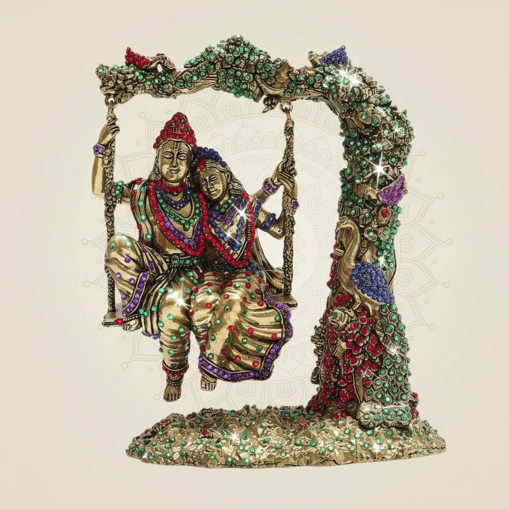8.5" Radha Krishna Swing Brass Idol Beneath Tree with Rich Jewellery Stone - Luxeartisanship