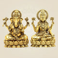 Brass Lakshmi Ganesha on Lotus – 4" Pair • Wealth & Wisdom Idols Set